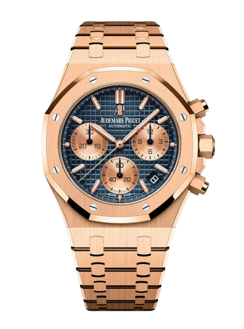 Audemars Piguet Chronograph watch with 41mm Swiss machine movement, featuring a dark dial and stainless steel case.