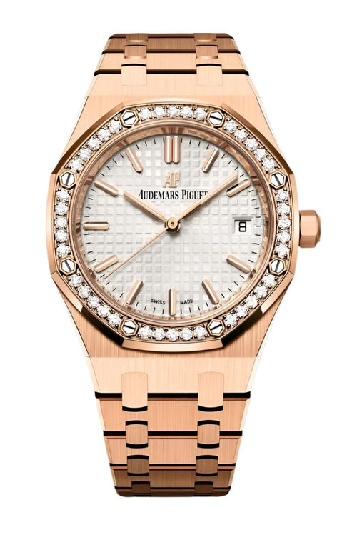 Audemars Piguet Royal Oak lady watch with a 37mm Swiss machine-made clone featuring a wine-colored dial and stainless steel bracelet.