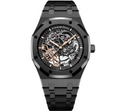 Audemars Piguet Royal Oak Super Clone Swiss watch with a 41mm stainless steel case and a dark dial, displayed on a leather strap.