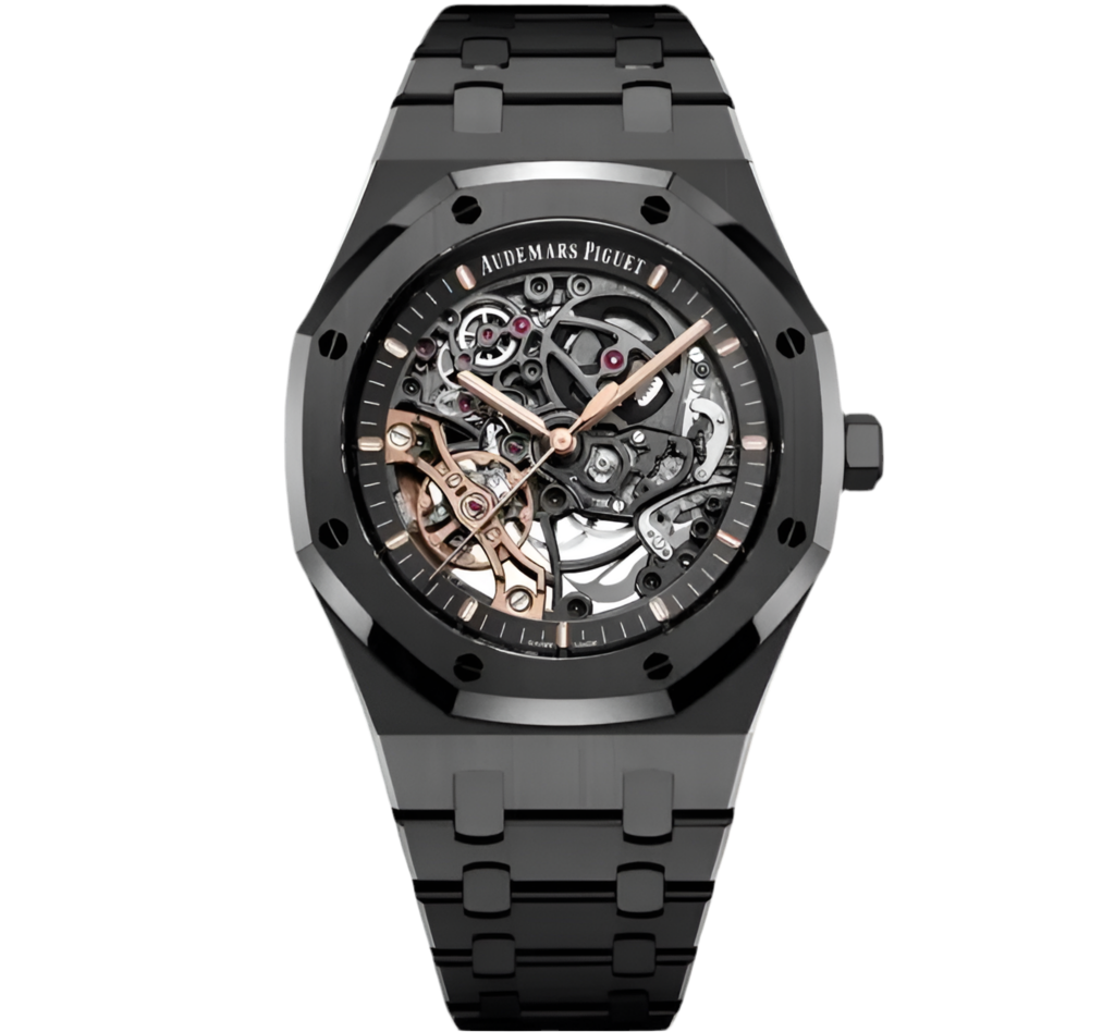 Audemars Piguet Royal Oak Super Clone Swiss watch with a 41mm stainless steel case and a dark dial, displayed on a leather strap.