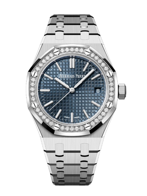 Audemars Piguet Royal Oak lady watch with a 37mm Swiss machine-made design, featuring a wine-colored dial and stainless steel bracelet.