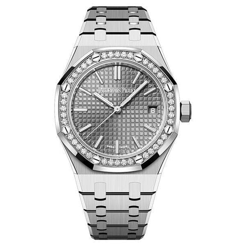 Audemars Piguet Royal Oak lady watch with a 37mm case, Swiss movement, featuring a wine-colored dial and stainless steel bracelet.