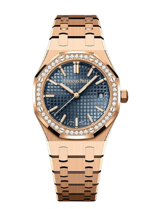 Audemars Piguet Royal Oak lady watch with a 33mm case, Swiss movement, featuring a wine-colored dial and stainless steel bracelet.
