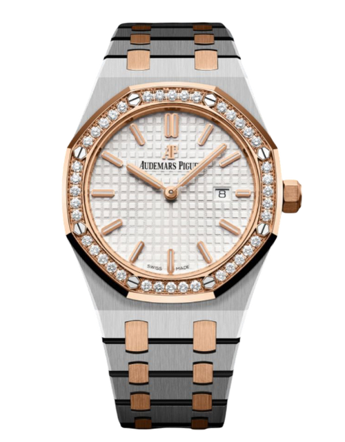 Audemars Piguet Royal Oak lady watch with a 33mm Swiss-made case, featuring a wine-colored dial and elegant design.
