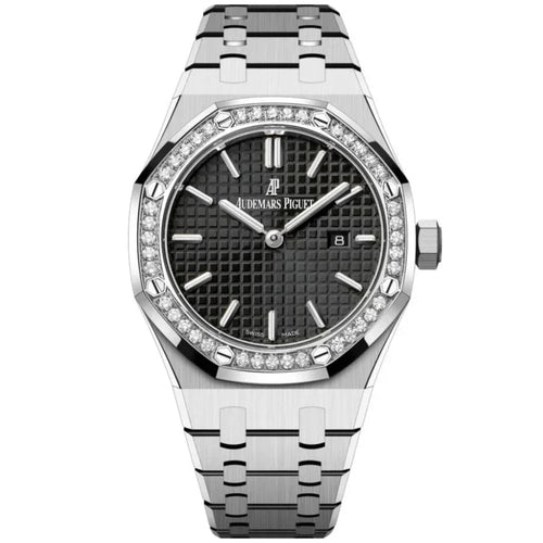 Audemars Piguet Royal Oak lady watch with a 37mm case, silver dial, and stainless steel bracelet, Swiss machine craftsmanship.
