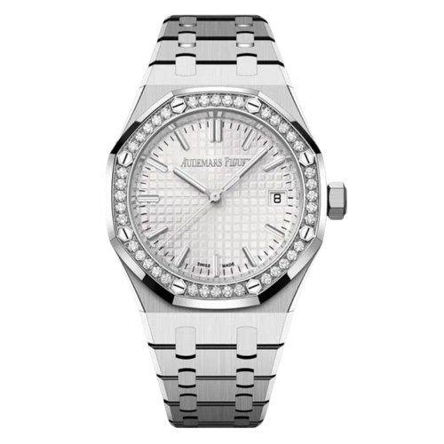 Audemars Piguet Royal Oak lady watch with a 33mm Swiss machine movement, featuring a wine-colored dial and stainless steel bracelet.