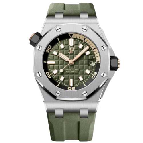 Audemars Piguet Offshore Super Clone Swiss watch with 42mm case, black dial, and stainless steel bracelet, displayed on a white background.