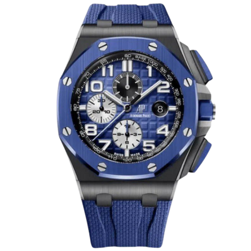 Audemars Piguet Offshore Super Clone Swiss watch with 43mm case, black dial, and stainless steel band displayed in close-up image.