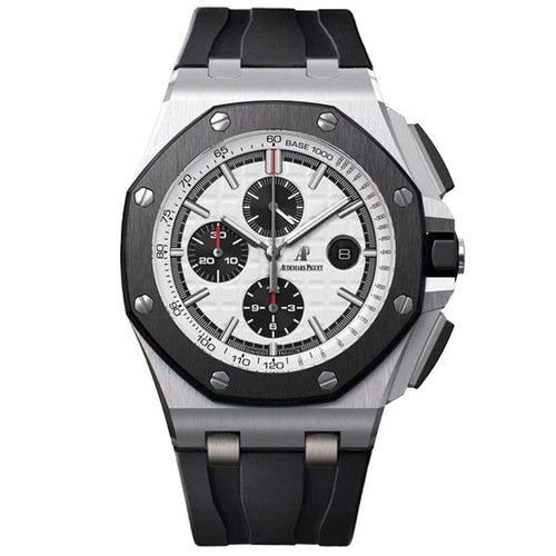 Audemars Piguet Offshore Super Clone Swiss watch with 43mm stainless steel case and black dial, showcasing detailed chronograph features.