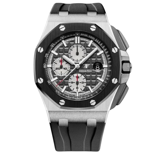 Audemars Piguet Offshore Super Clone Swiss watch with a 43mm case, featuring a dark dial and metal bracelet.