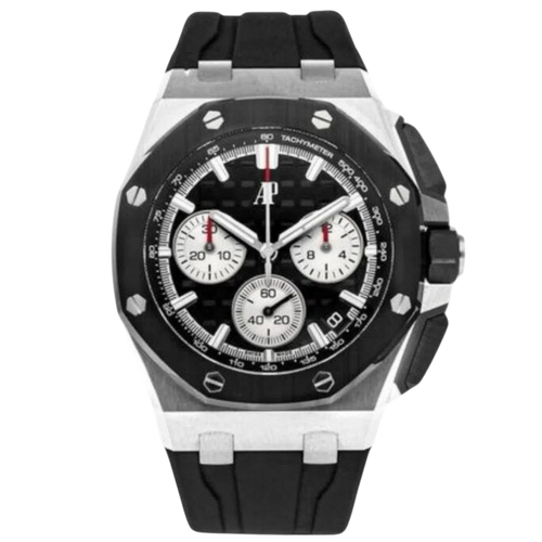 Audemars Piguet Offshore Super Clone Swiss watch with 43mm case, black dial, and stainless steel bracelet on a white background.