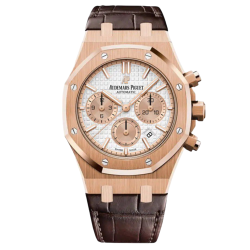 Audemars Piguet chronograph watch with a 41mm case, Swiss-made precision, featuring a dark wine-colored dial and stainless steel bracelet.