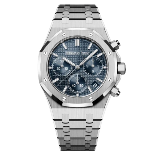 Audemars Piguet chronograph watch with a 41mm case, featuring a dark wine dial and stainless steel bracelet.