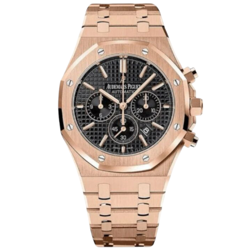 Audemars Piguet chronograph watch with a 41mm case, detailed dial, and stainless steel bracelet, showcasing Swiss craftsmanship.