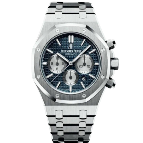 Audemars Piguet chronograph watch with a 41mm Swiss-made design, featuring a dark dial and stainless steel bracelet.