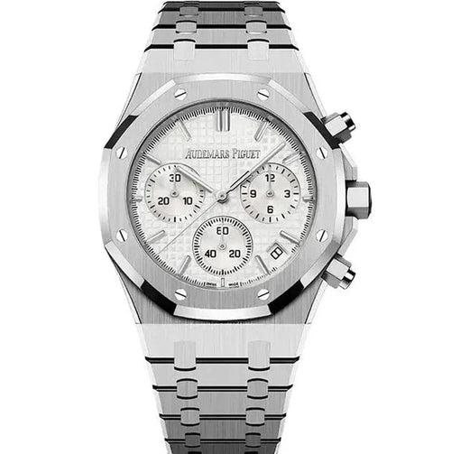Audemars Piguet Chronograph watch with a 41mm Swiss machine movement, featuring a dark wine-colored dial and stainless steel case.
