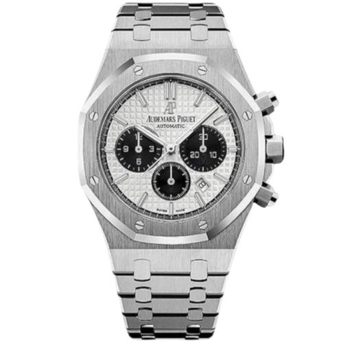 Audemars Piguet chronograph watch with a 41mm Swiss super clone design, featuring a dark dial and stainless steel case.