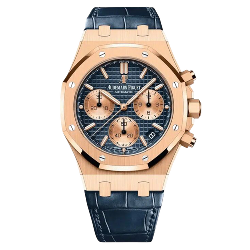 Audemars Piguet chronograph watch with a 41mm Swiss machine-made case and wine-colored dial, showcasing detailed watch design.