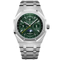 Audemars Piguet Perpetual Calendar Swiss watch with a 41mm case, featuring a dark wine-colored dial and stainless steel bracelet.