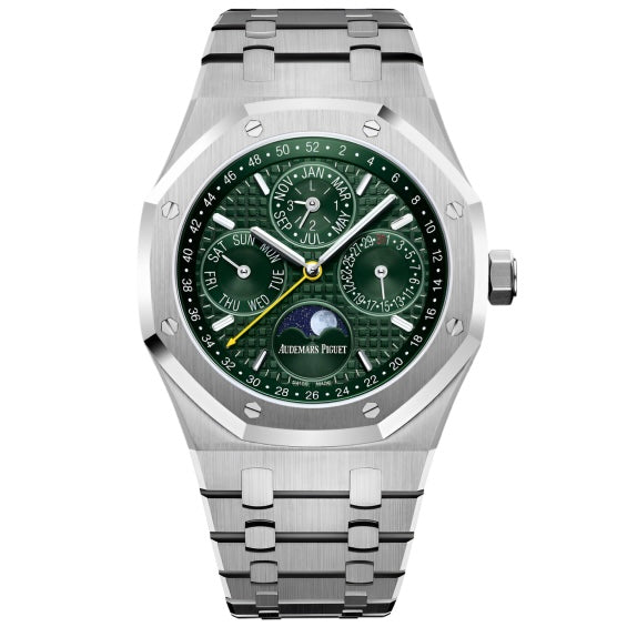 Audemars Piguet Perpetual Calendar Swiss watch with a 41mm case, featuring a dark wine-colored dial and stainless steel bracelet.