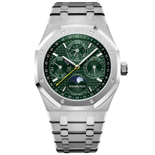 Audemars Piguet Perpetual Calendar Swiss watch with a 41mm case, featuring a dark wine-colored dial and stainless steel bracelet.