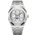 Audemars Piguet Perpetual Calendar watch with a black dial and stainless steel case, 41mm size, showcasing intricate dial details.