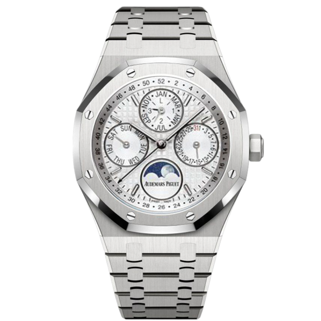 Audemars Piguet Perpetual Calendar watch with a black dial and stainless steel case, 41mm size, showcasing intricate dial details.