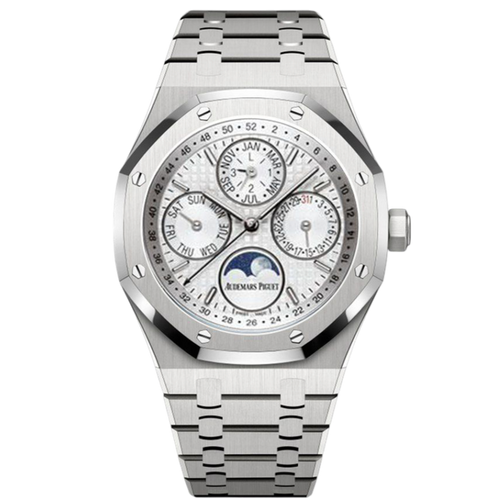 Audemars Piguet Perpetual Calendar watch with a black dial and stainless steel case, 41mm size, showcasing intricate dial details.