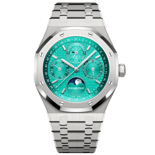 Audemars Piguet Perpetual Calendar watch with a 41mm case, featuring a silver dial and black leather strap.
