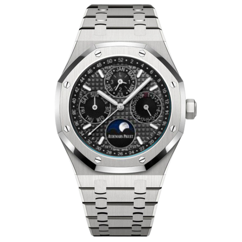Audemars Piguet Perpetual Calendar Swiss-made watch with a 41mm case, featuring a black dial and gold accents.