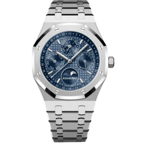 Audemars Piguet Perpetual Calendar watch with a black dial and stainless steel case, 41mm size, classic luxury timepiece.