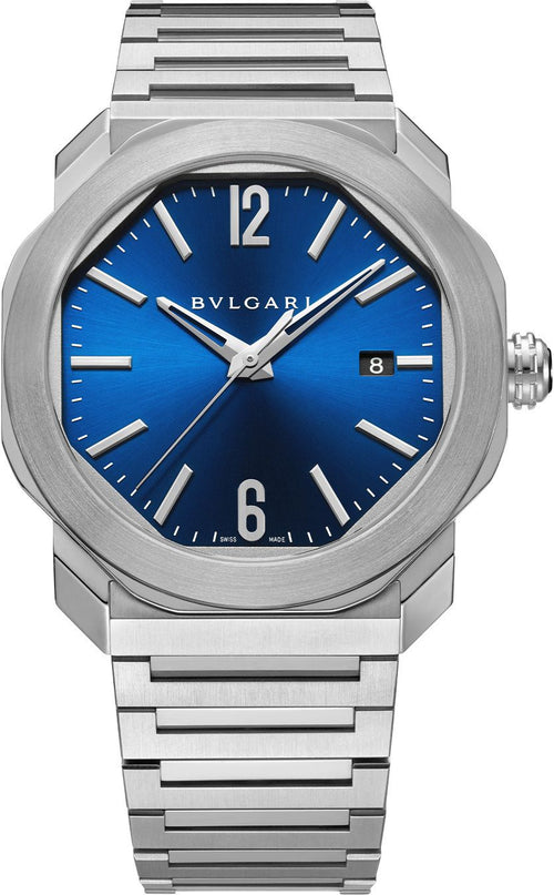 Bvlgari Octo Roma 41mm stainless steel men's watch with sleek design and silver-tone dial.