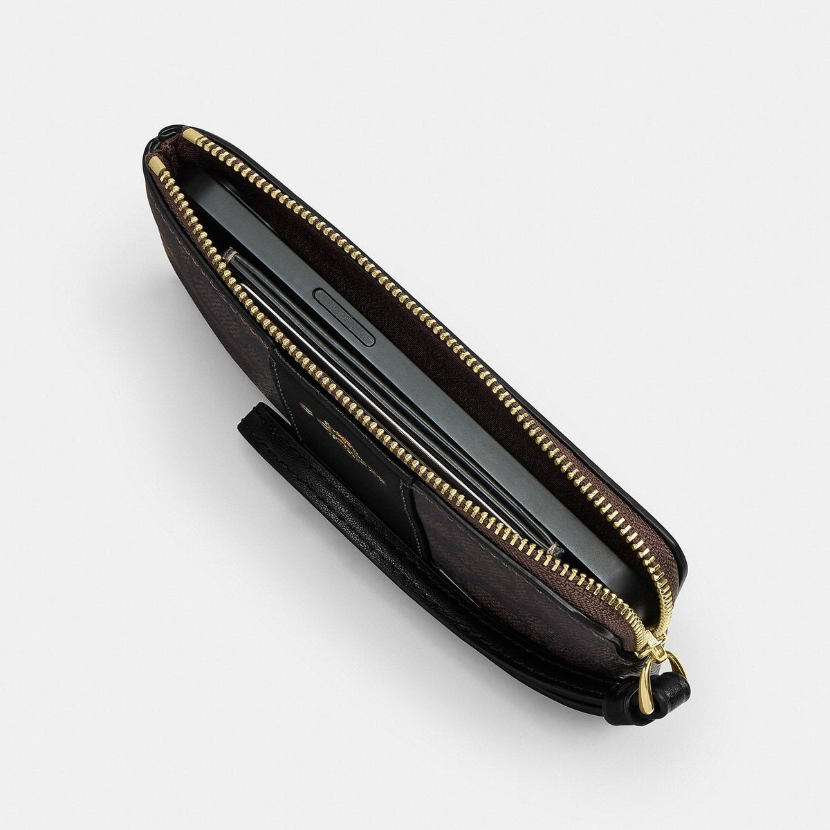 Corner Zip Wristlet In Signature Canvas With Stripe – Gold/Walnut/Black
