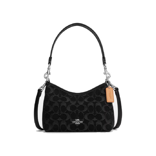 Coach Laurel small shoulder bag in black signature jacquard fabric with gold-tone hardware and adjustable shoulder strap.