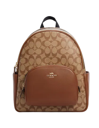 Coach Court Backpack in blocked signature canvas showing the stylish bag with signature pattern and sturdy straps.