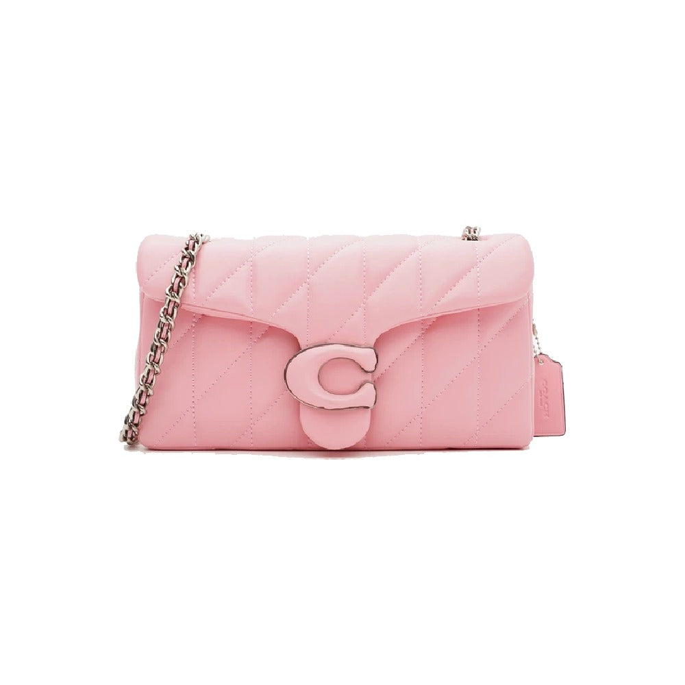 Coach Tabby Shoulder Bag 26 in pink with pillow quilting, stylish leather bag with adjustable shoulder strap and gold-tone hardware.