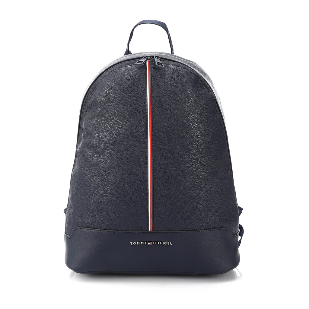Tommy Hilfiger Men's Pebbled Leather Backpack with Signature Stripe Zip – Navy
