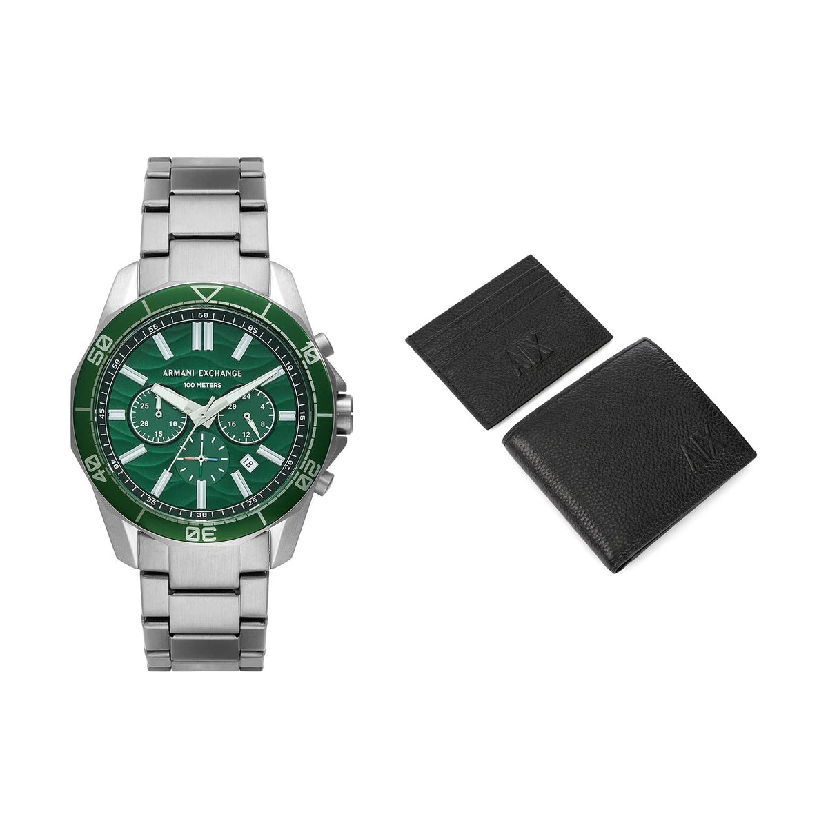 The Armani Exchange Set: Spencer AX1957 watch and black wallet & card holder gift set side by side