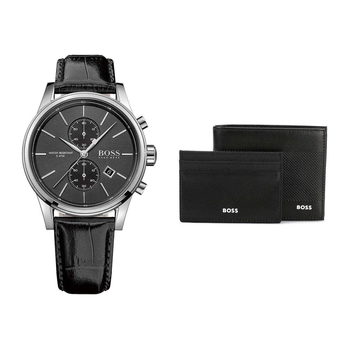 The BOSS Set: Hugo Boss Jet Chronograph watch and wallet & card holder set side by side