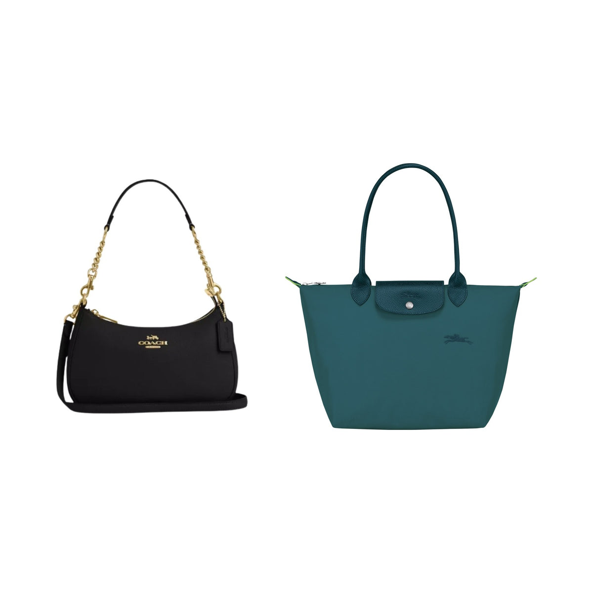 The Coach × Longchamp Duo: Coach Teri Shoulder Bag in Gold/Black and Le Pliage Green M Shoulder Bag in Peacock side by side