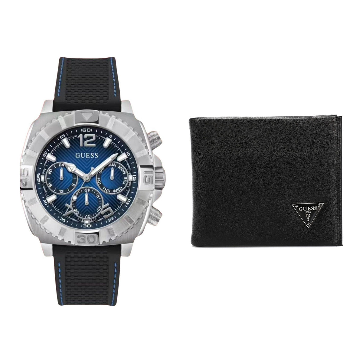The Guess Set: Guess Watch GW0801G1 and Leather Bifold Wallet in Black side by side