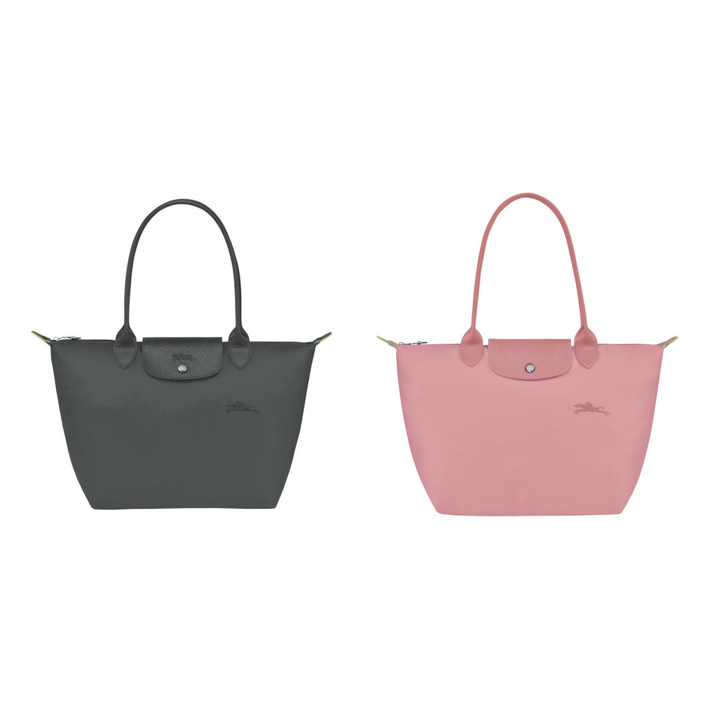 The Le Pliage Duo: Le Pliage Green M Tote in Graphite and Petal Pink side by side