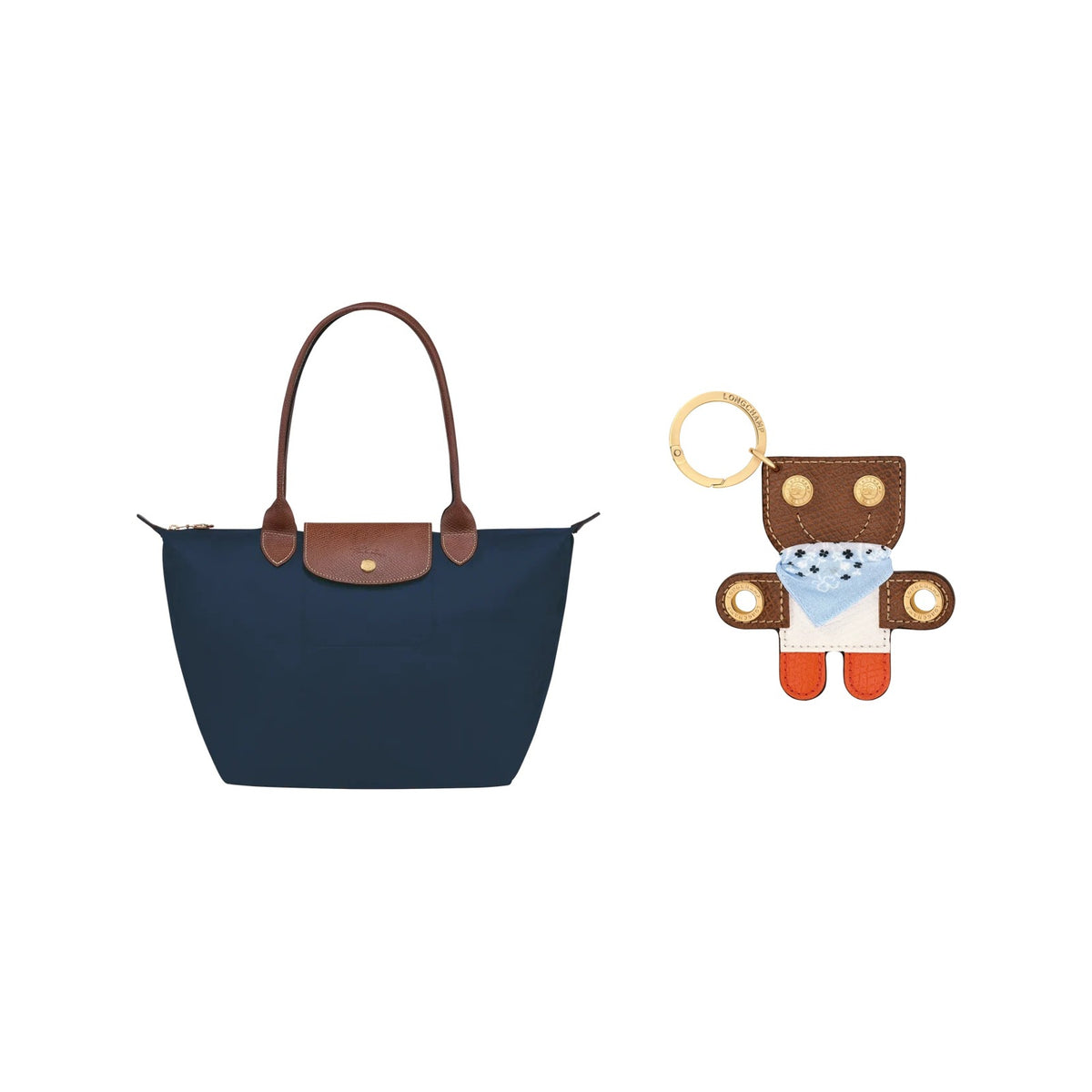 The Le Pliage Charm Set: Le Pliage Original M Tote in Navy and Épure Key Ring in Orange side by side