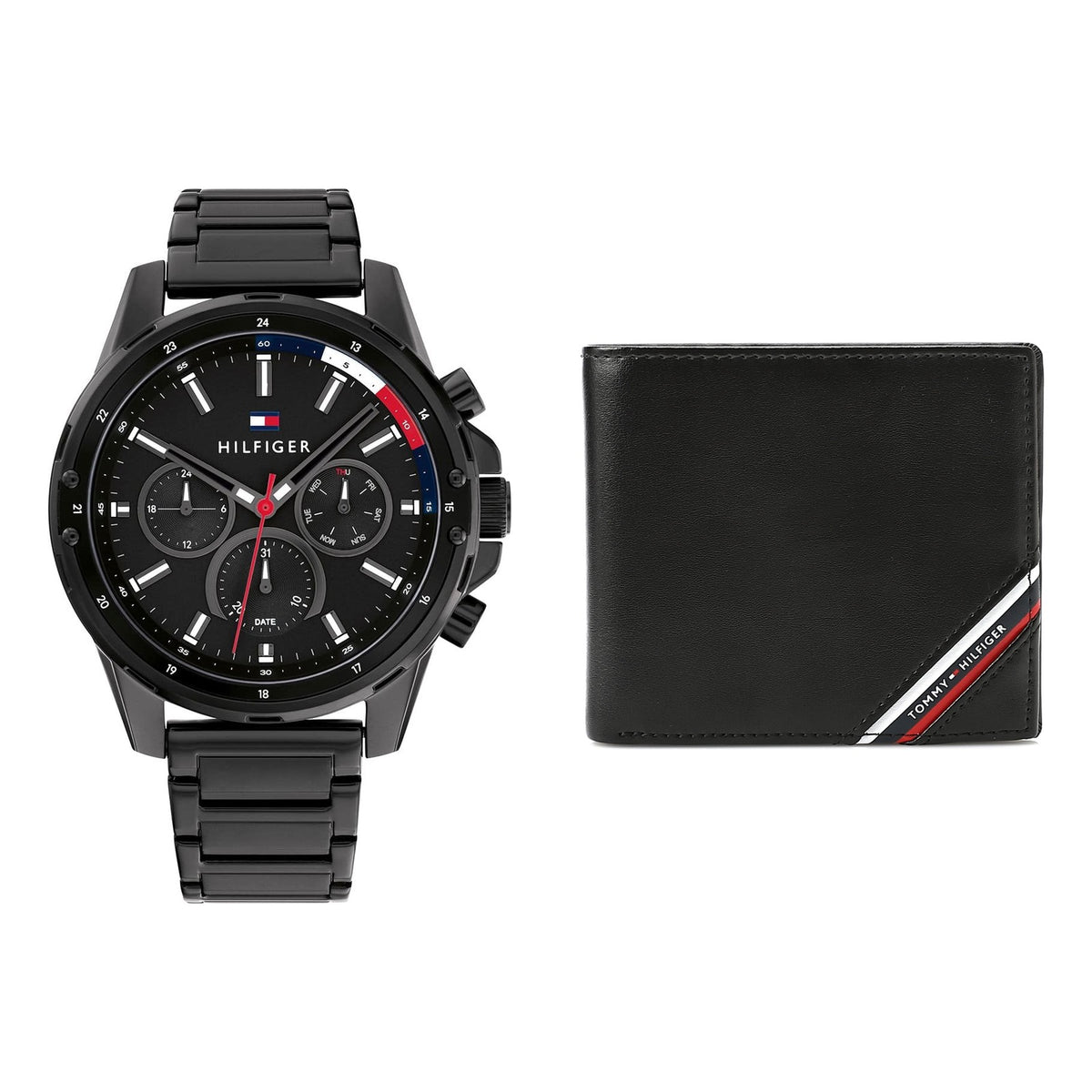 The Tommy Set: Tommy Hilfiger Mason watch and leather bifold wallet side by side
