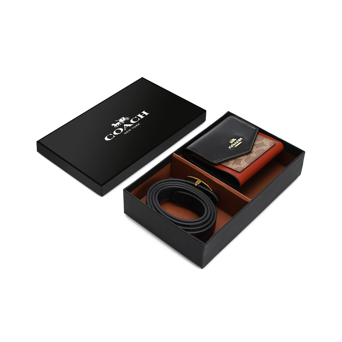 Coach Women's Wallet & Belt Gift Set – Black/Red – open gift box