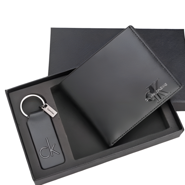 CK Black Leather Wallet & Keychain Set For Men
