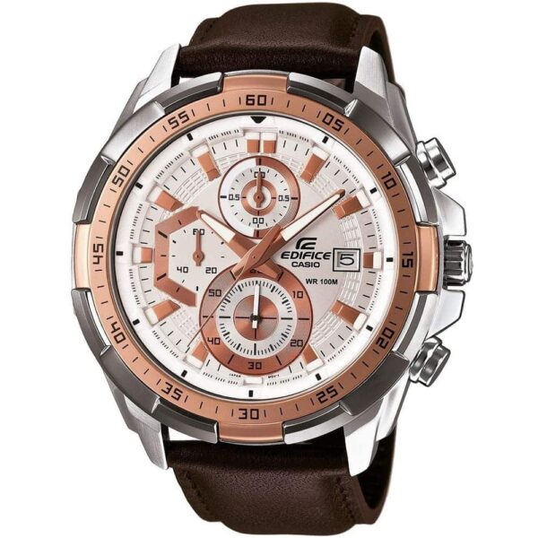 Casio Edifice Chronograph Watch for Men White Dial with Brown Leather Strap EFR-539L-7AV