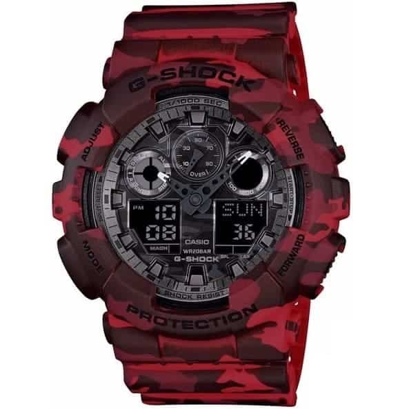 Casio G-Shock Chronograph Watch for Men Black Dial with Red Resin Strap GA-100CM-4A