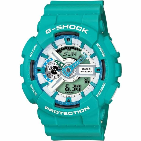 Casio G-Shock Chronograph Watch for Men White Dial with Aqua Blue Resin Strap GA-110SN-3A