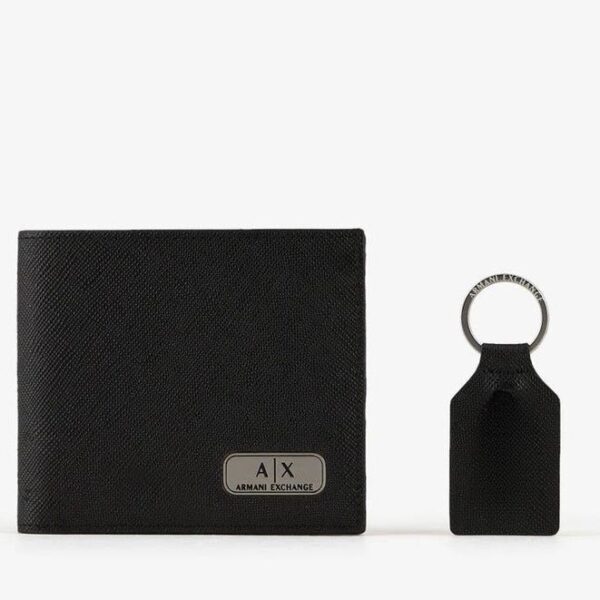 AX Black Leather Wallet & Keychain Set For Men